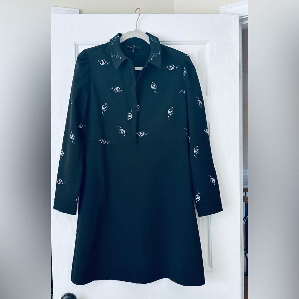 MAJE  midi hits at knee black/dark navy dress with horseshoes/stars side zipper